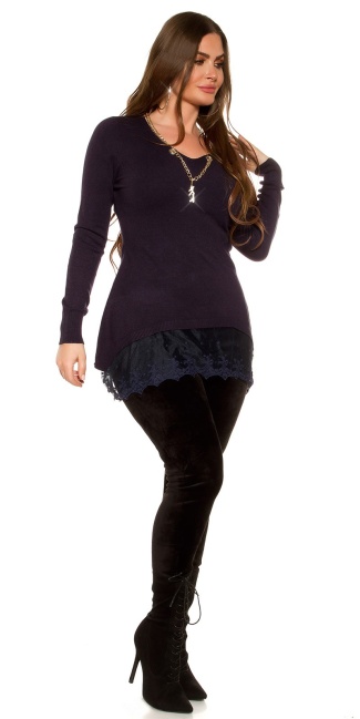 CurvyGirlsSize! pullover with chain & lace Navy